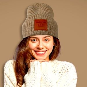 Mixed Wool Camel Beanie with Faux Leather Tag